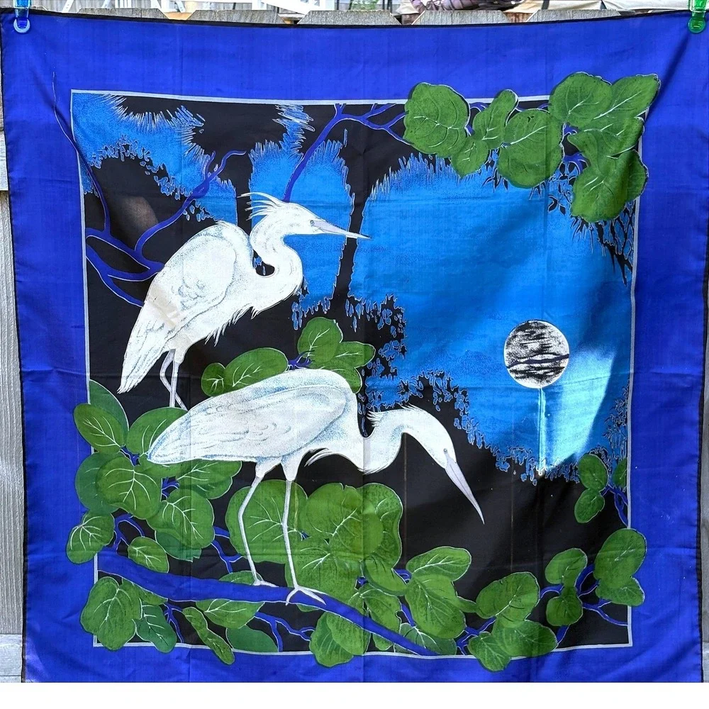 Vintage Thai Silk Scarf Blue Black White Heron Egret Bird Moon Nature Square